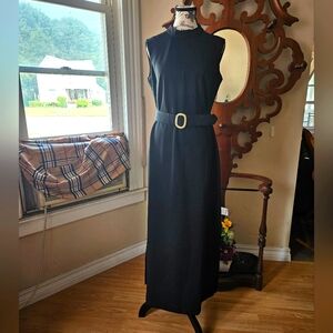 Vintage 70’s Sleek Black Belted Maxi Dress. Small Sleeveless Dress.